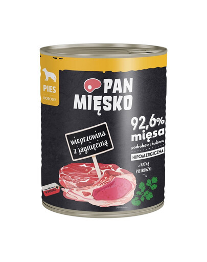PAN MIĘSKO Cūkgaļa ar jēra gaļu mitrā barība suņiem 800 g