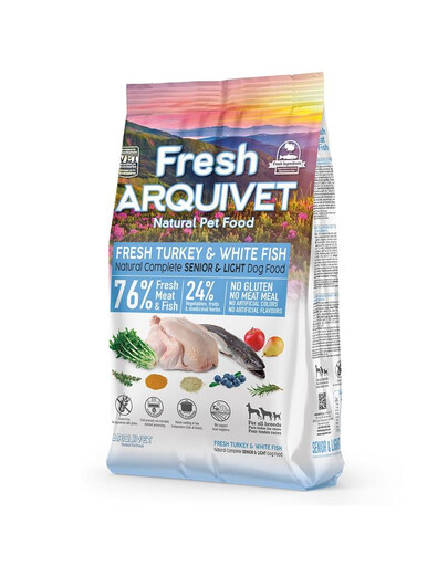 ARQUIVET Fresh Senior Light Pusmīksts senioru ēdiens ar tītaru un balto zivju piedevu 2,5 kg