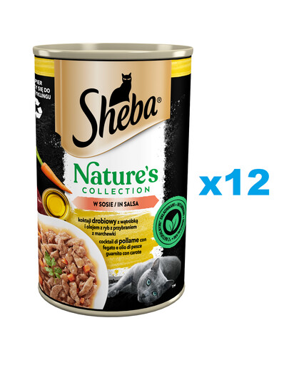 SHEBA puszka 12x400 g Nature's Collection mitrā pilnvērtīga barība pieaugušiem kaķiem mājputnu aknu un zivju eļļas kokteilis ar burkānu mērcē