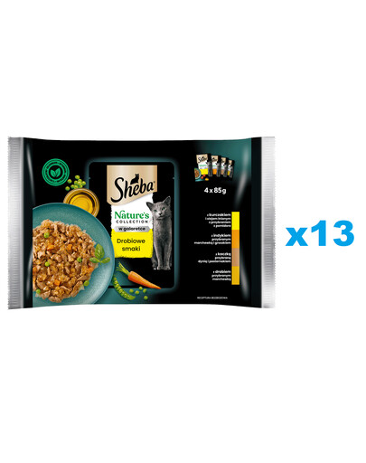 SHEBA Nature's Collection Poultry Flavours 52x85 g pilnvērtīga mitrā barība pieaugušiem kaķiem, želejas gabaliņos ar: vistas, tītara, pīles gaļu
