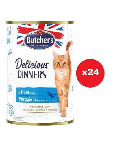 BUTCHER'S Delicious Dinners, karma dla kota, kawałki z pstrągiem w galaretce 24 x 400g
