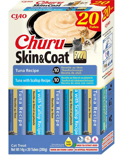 INABA Churu Cat Skin Coat 20x14g tuncis, tuncis un ķemmīšgliemenes, krēmveida kaķu kārumi