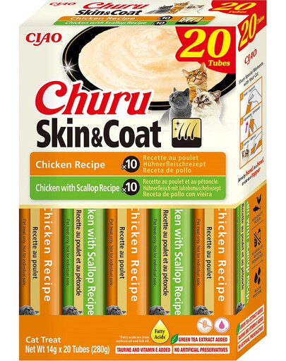 INABA Churu Cat Skin Coat 20x14g vistas, vistas un ķemmīšgliemežu krēma kārumi kaķiem