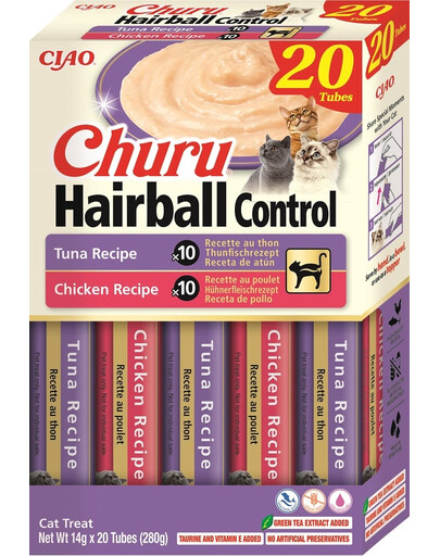 INABA Churu Cat Hairball 20x14g tunča un vistas krēma kārumi kaķiem