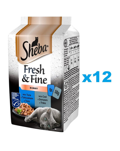 SHEBA saszetka 72x50 g Fresh & Fine mitrā pilnvērtīga barība pieaugušiem kaķiem mērcē ar tunci, ar mencu