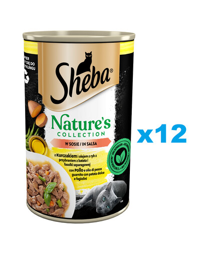 SHEBA puszka 12x400 g Nature's Collection mokra pełnoporcjowa karma dla dorosłych kotów z kurczakiem i olejem z ryb z przybraniem z batata i fasolki szparagowej w sosie