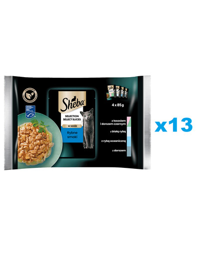 SHEBA Selection Select Slices Rybne Smaki 52x85g mokra karma pełnoporcjowa dla kotów w sosie kawałki z łososiem i dorszem czarnym, białą rybą, rybą oceaniczną, dorszem