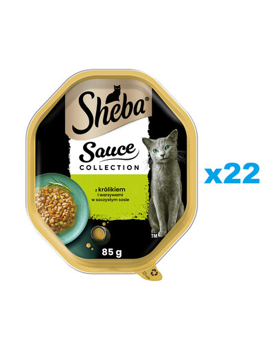SHEBA Sauce Collection tacka 22x85 g mokra karma pełnoporcjowa dla dorosłych kotów kawałki z królikiem i warzywami w sosie