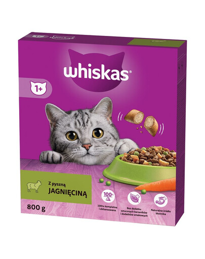 WHISKAS Adult 800 g pilnvērtīga sausa barība pieaugušiem kaķiem ar garšīgu jēra gaļu