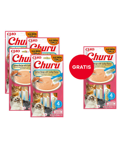 INABA Churu Cat Salmon with Scallop 4x14g krēmveida kaķu kārums ar laša un ķemmīšgliemežu garšu (4+1 FREE)