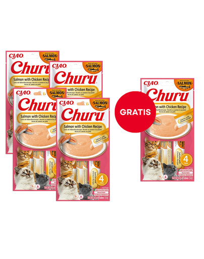 INABA Churu Cat Salmon with Chicken 4x14g krēma kārums kaķiem ar laša un vistas garšu (4+1 FREE)