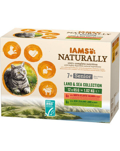 IAMS Naturally Senior Cat Land & Sea Collection garšu maisījums vecākiem kaķiem 12x85g