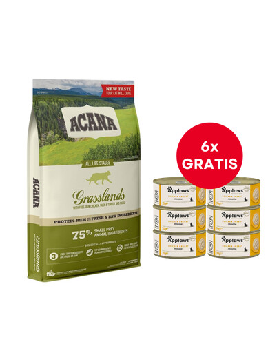ACANA Grasslands Cat 4,5 kg + APPLAWS Cat Adult Mousse Chicken putas ar vistas gaļu 6 x 70g BEZMAKSAS