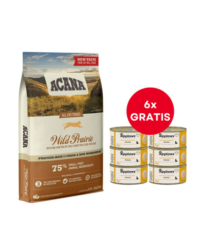 ACANA Wild Prairie Cat 4,5 kg + APPLAWS Cat Adult Mousse Chicken putas ar vistas gaļu 6 x 70g BEZMAKSAS