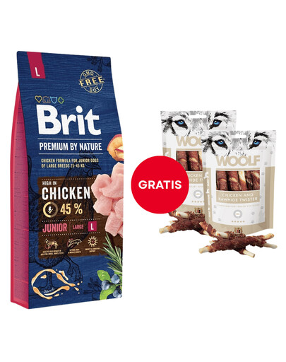 BRIT Premium By Nature Junior Large L Chicken 15 kg + WOOLF Chicken And Rawhide Twister 2 x 100g žāvēta āda, ietīta vistas gaļā GRATIS