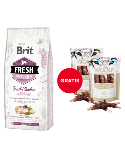 BRIT Fresh chicken with potato puppy healthy growth 12 kg + WOOLF Chicken And Rawhide Twister 2 x 100g žāvēta āda, ietīta vistas gaļā GRATIS