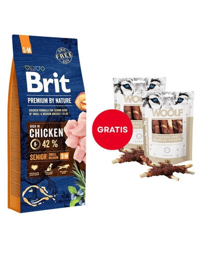 BRIT Premium By Nature Senior Small Medium S+M Chicken 15 kg + WOOLF Chicken And Rawhide Twister 2 x 100g suszona skóra owinięta kurczakiem GRATIS