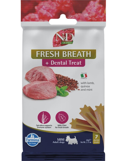 FARMINA N&D Quinoa Dental Treat Fresh breath Mini 60 g (7 szt) zobārstniecības gardumi mazo šķirņu suņiem