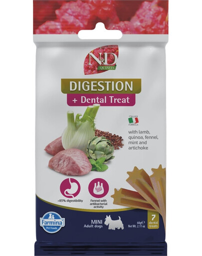 FARMINA N&D Quinoa Dental Treat Digestion Mini 60 g (7 szt) zobu ārstēšana mazo šķirņu suņiem