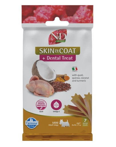 FARMINA N&D Quinoa Dental Treat Skin Coat Quail Mini 60 g (7 szt) zobārstniecības gardumi mazo šķirņu suņiem