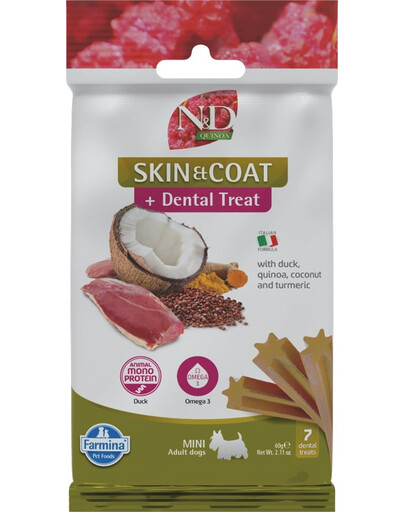 FARMINA N&D Quinoa Dental Treat Skin Coat Duck Mini 60 g (7 szt) zobu kārumi mazo šķirņu suņiem