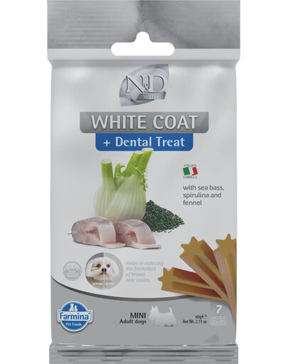 FARMINA N&D White Dental Treat Coat Sea bass Mini 60 g (7 szt) zobārstniecības gardumi mazo šķirņu suņiem