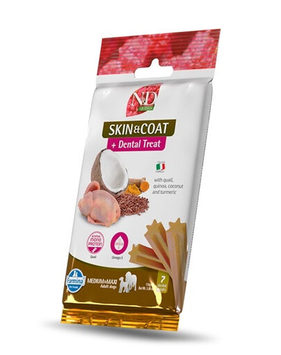 FARMINA N&D Quinoa Dental Treat Skin Coat Quail Medium/Maxi 100 g (7 szt) zobārstniecības našķi vidējiem un lieliem suņiem