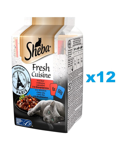 SHEBA Fresh Cuisine Taste of Paris mokra karma pełnoporcjowa dla dorosłych kotów z wołowiną, z białą rybą saszetka 72x50g