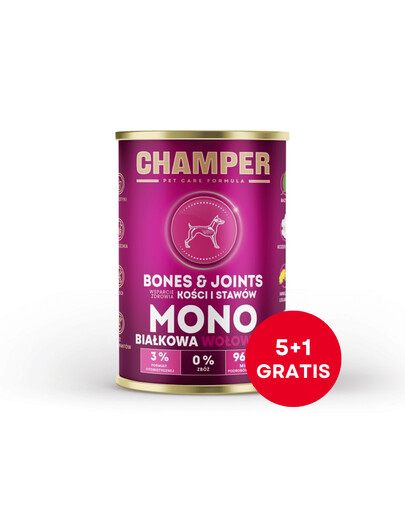CHAMPER Bones Joints Wołowina monobiałkowa karma dla psa 6 x 400 g (5+1 GRATIS)