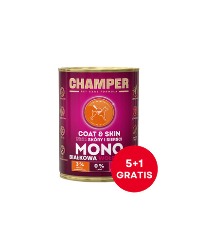 CHAMPER Coat Skin Wołowina monobiałkowa karma dla psa 6 x 400 g (5+1 GRTIS)