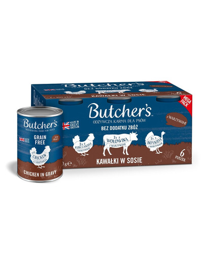 BUTCHER'S Original Recipe in gravy Mixed flavours with vegetables 6x400 g gabaliņi mērcē ar liellopu, tītara un vistas gaļu suņiem