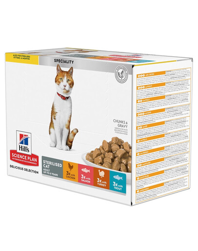 HILL'S Science Plan Feline Young Adult Sterilised Cat Multipack ar vistu, ar foreli, ar tunci, ar lasi 12x85 g (2+1 BEZ MAKSAS)