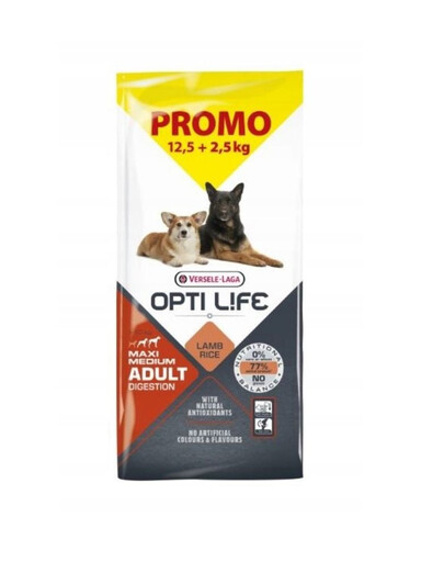 Opti Life Adult Digestion Medium Maxi Lamb 12,5kg + 2,5kg GRATIS dla psów z wrażliwym układem pokarmowym