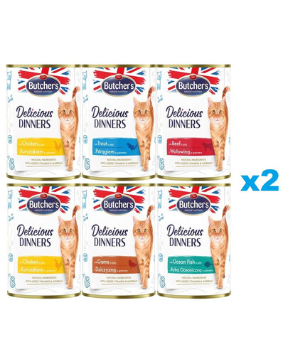 BUTCHER'S Delicious Dinners Mix smaków w galaretce 12x400g kawałki z kurczakiem, z dziczyzną, z pstrągiem, z rybą morską, z wołowiną