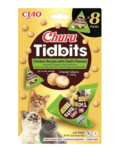 Cat Churu Tidbits Chicken Recipe with Dashi Flavor 8x12g miękkie i kremowe przysmaki z kurczakiem o smaku bulionu dashi dla kotów
