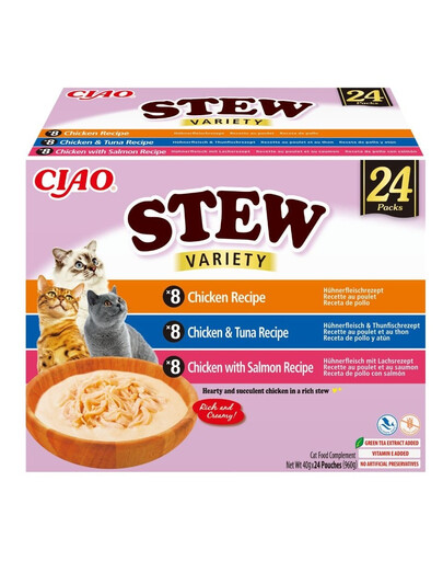 Cat Ciao Stew Creamy Variety 24x40g mix przysmaków z kurczakiem, tuńczykiem i łososiem w kremowym sosie