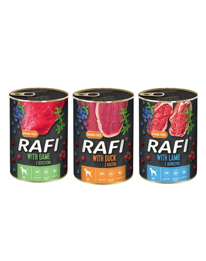 DOLINA NOTECI RAFI mix smaków (dziczyzna, jagnięcina, kaczka) 36x400g mokra karma dla psa
