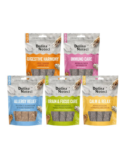 DOLINA NOTECI Smart Chews Mix 5 smaków 5x100g wsparcie w redukcji stresu, wsparcie funkcji poznawczych, wsparcie trawienia, wsparcie przy alergiach pokarmowych, wsparcie odporności, suszone przysmaki dla psa