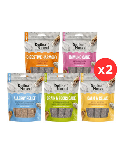 DOLINA NOTECI Smart Chews Mix 5 smaków 10x100g wsparcie w redukcji stresu, wsparcie funkcji poznawczych, wsparcie trawienia, wsparcie przy alergiach pokarmowych, wsparcie odporności, suszone przysmaki dla psa