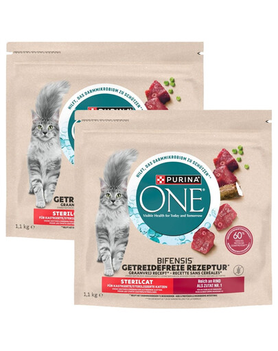 PURINA ONE Bifensis Grain Free Sterilcat Adult Beef 2x1,1 kg bogata w wołowinę, bezzbóżowa sucha karma dla kotów po sterylizacji