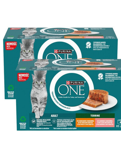 PURINA ONE Adult Terrine 8x85g z kurczakiem i marchewką i z łososiem i marchewką, mokra karma dla kotów