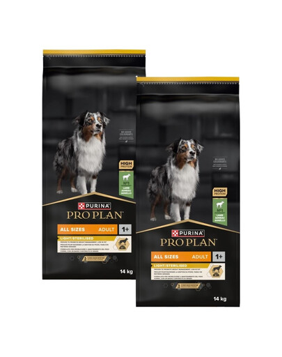 PURINA PRO PLAN Adult Light/Sterilised Bogata w Jagnięcinę 2x14 kg sucha karma dla psów po sterylizacji