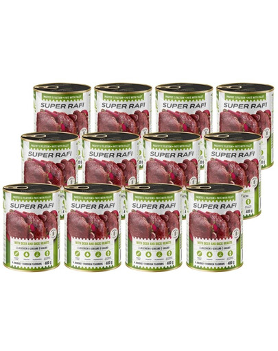 SUPER RAFI z jeleniem i sercami z kaczki 12x400 g mokra karma dla psa