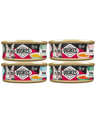 VOSKES Soup Mix smaków 4x50 g zupa z wołowiną, kurczakiem, łososiem i tuńczykiem dla kotów