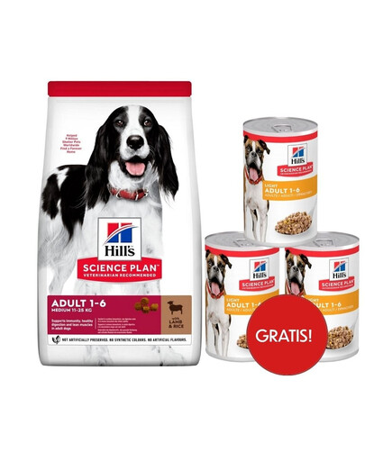 HILL'S Science Plan Canine Adult Medium Lamb & Rice 18 kg karma dla psów ras średnich jagnięcina i ryż + 3 puszki mokrej karmy HILL's GRATIS