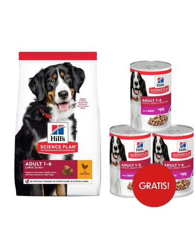 HILL'S Science Plan Canine Adult Large breed Chicken 18 kg karma dla psów ras dużych kurczak + 3 puszki mokrej karmy HILL"s GRATIS