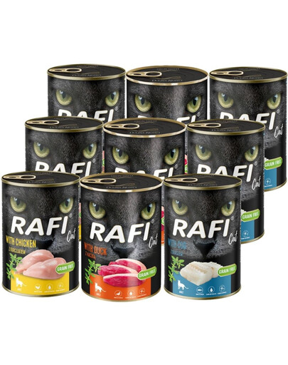 RAFI Cat Adult Mix smaków 9x400 g z dorszem, kurczakiem i z z kaczką, mokra karma dla kotów