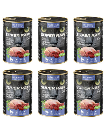SUPER RAFI Cat z przepiórką i wątróbką z królika 6x400g mokra karma dla kota