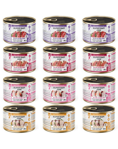 SUPER RAFI Mini Mix 4 Smaków 12x185g mokra karma dla psów małych ras