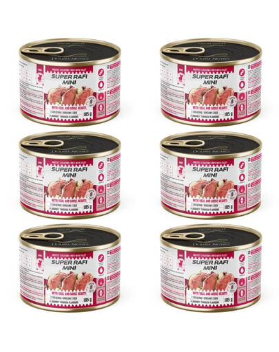 SUPER RAFI Mini z cielęciną i sercami z gęsi 6x185g mokra karma dla psów małych ras